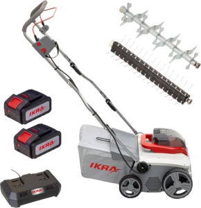 IKRA Akku Vertikutierer Rasenlüfter 3in1 IAVL 2-2040, Fangkorb 40l, Arbeitsbreite 40cm, inkl. 2x Akku 20V 4,0Ah & Schnelllader